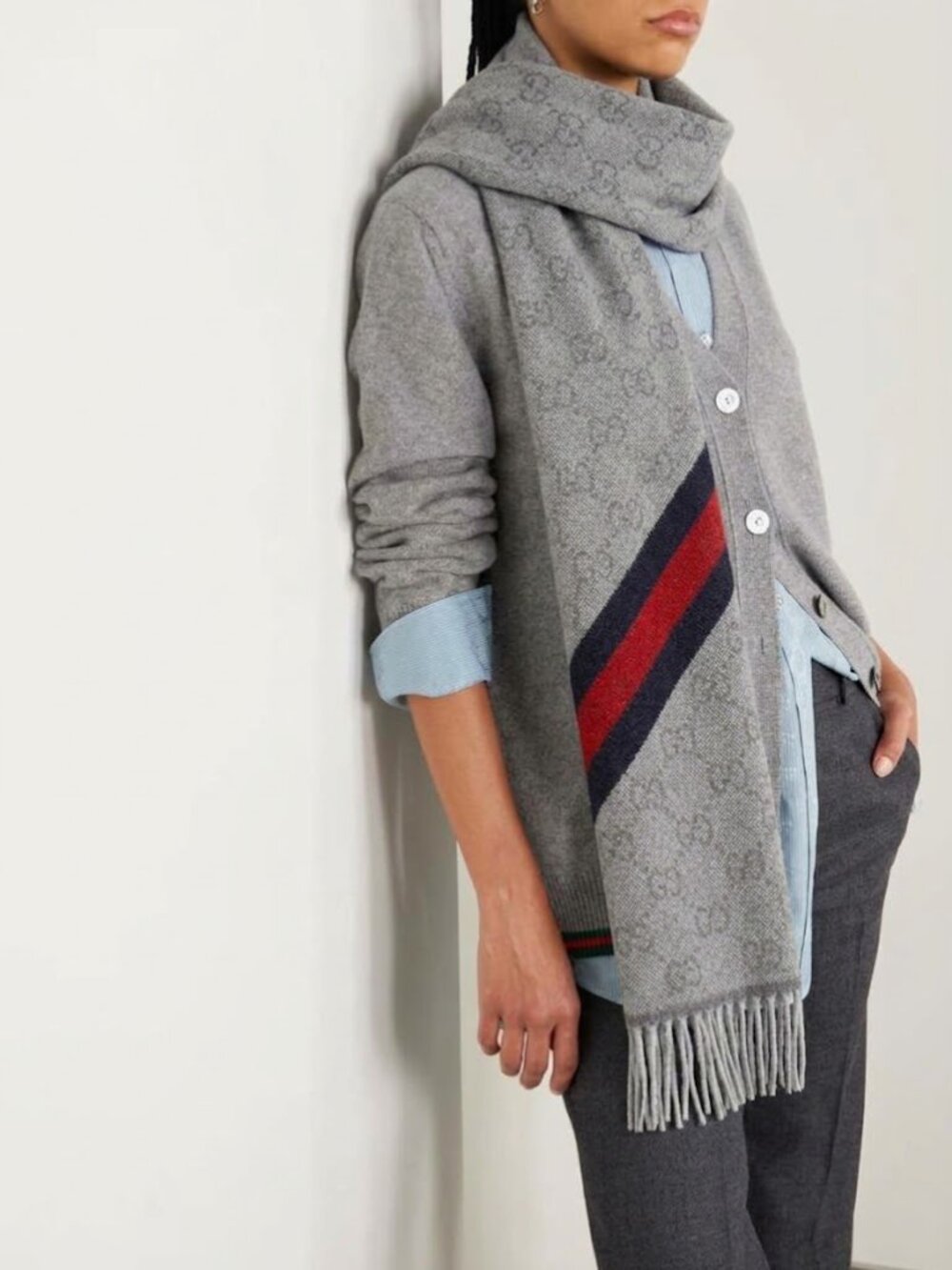 Auth Gucci Unisex GG Monogram Wool  Scarf Wrap Italy NWT Gray